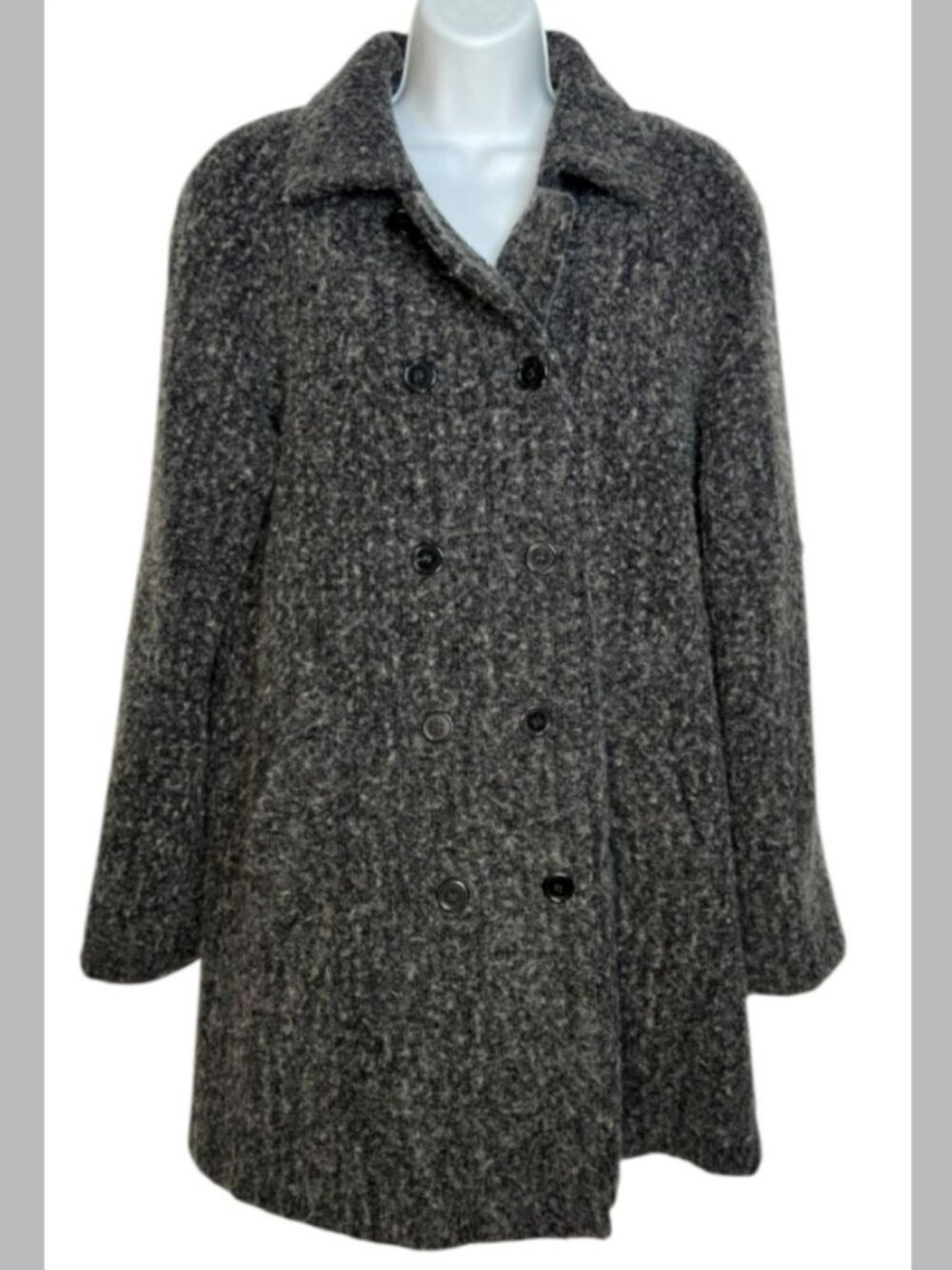 Sandro Double Breasted Boucle Coat Button Front Mid Length Gray